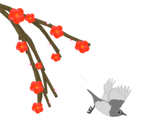 梅木から飛鶯のイラスト（ウグイス）