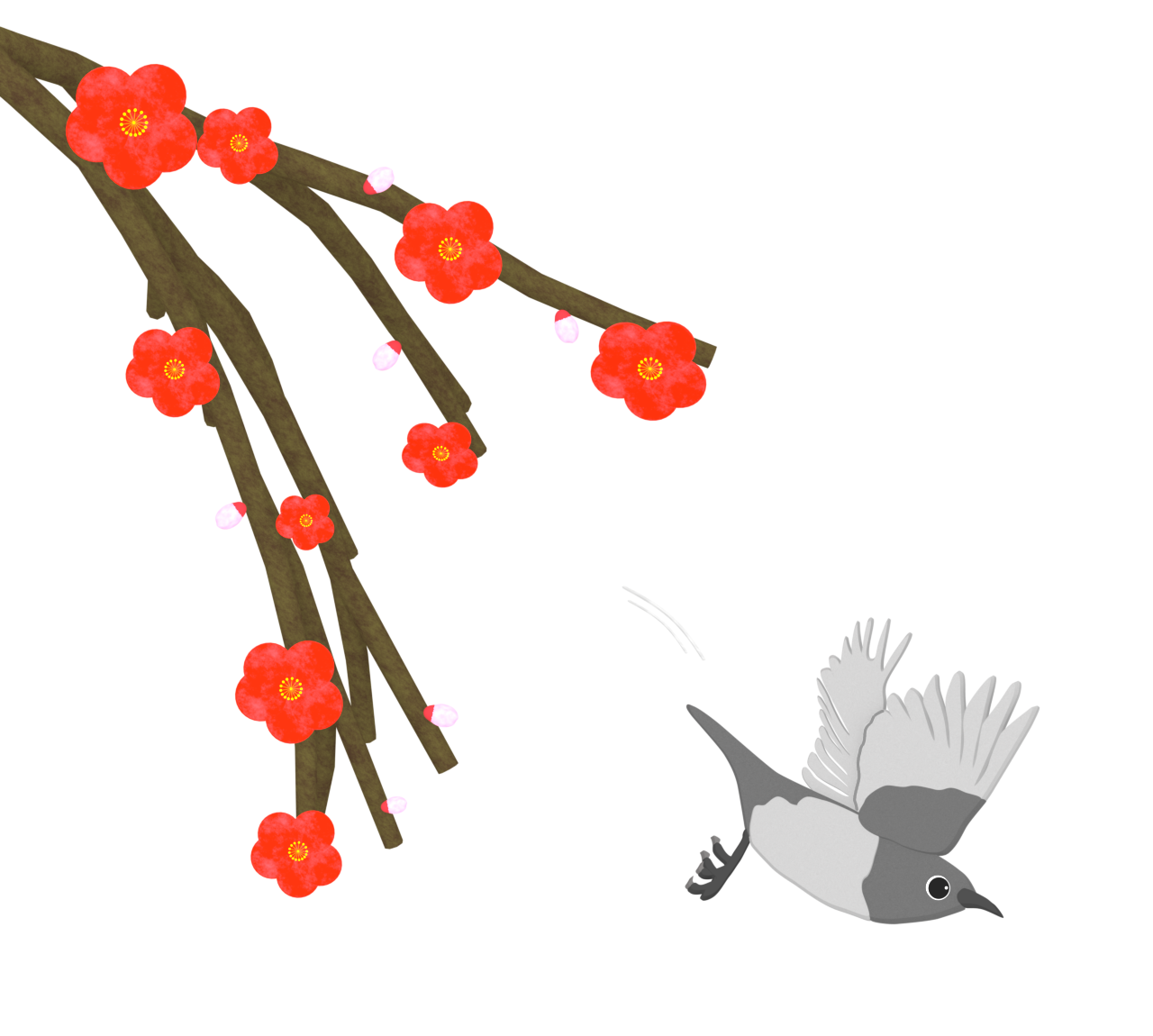 梅木から飛鶯のイラスト（ウグイス）