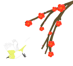梅の木から飛び立つメジロのイラスト