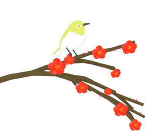 梅の木にとまるメジロのイラスト