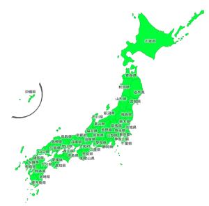 都道府県名入りの日本地図のイラスト