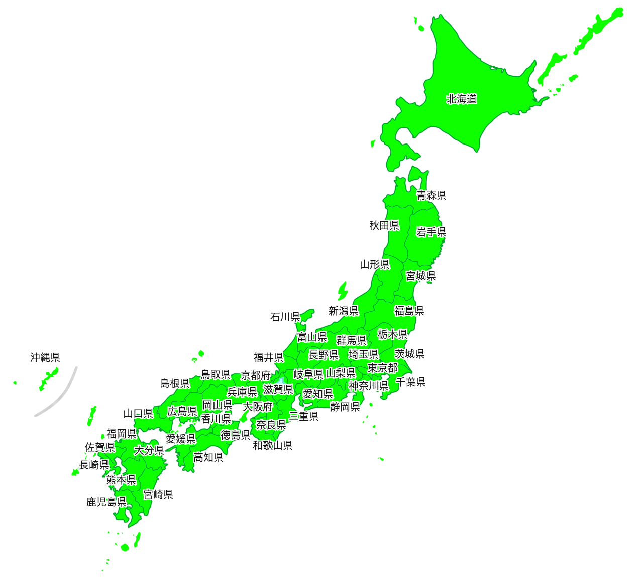 都道府県名入りの日本地図のイラスト