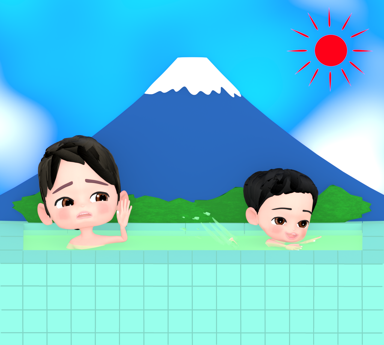 銭湯で泳ぐ男の子のイラスト