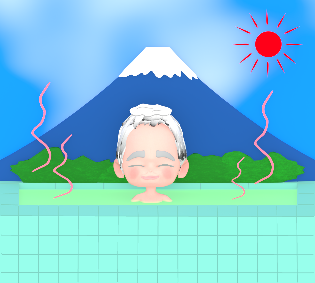銭湯に浸かるおじいちゃんのイラスト