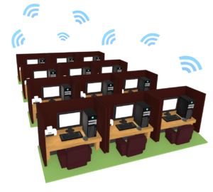 電波が飛び交うネットカフェのイラスト