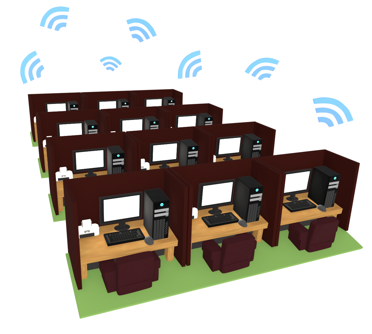 電波が飛び交うネットカフェのイラスト