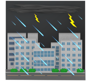 雨が降るオフィス街のイラスト
