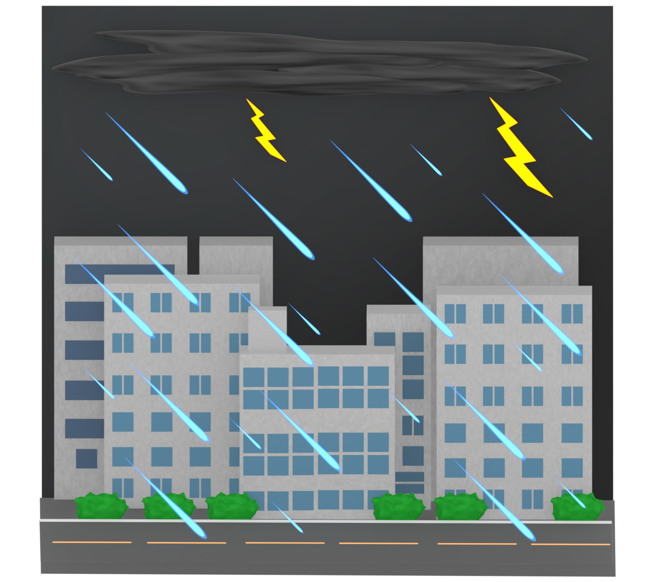 雨が降るオフィス街のイラスト