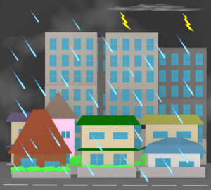 雨が降る住宅街のイラスト