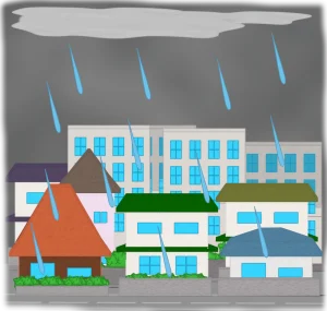 雨が降る住宅街のイラスト