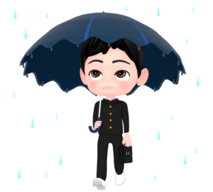 雨の日に傘をさす男子学生のイラスト