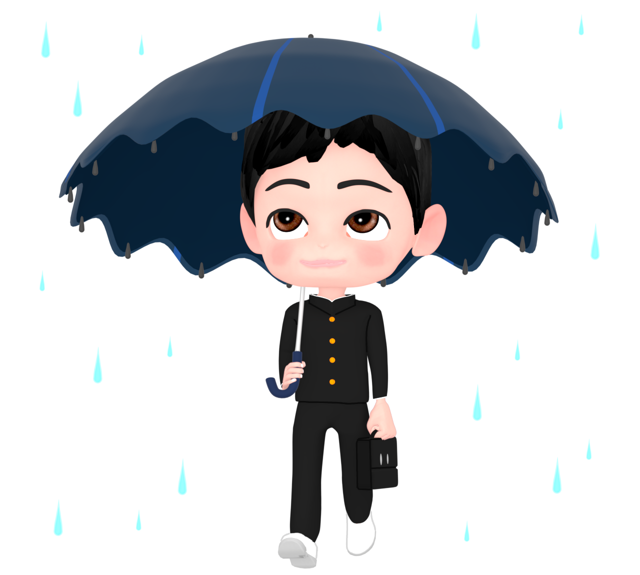 雨の日に傘をさす男子学生のイラスト