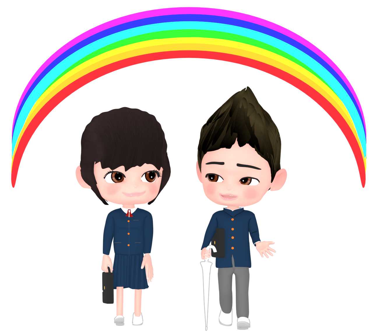 虹の下を歩く男女の高校生のイラスト