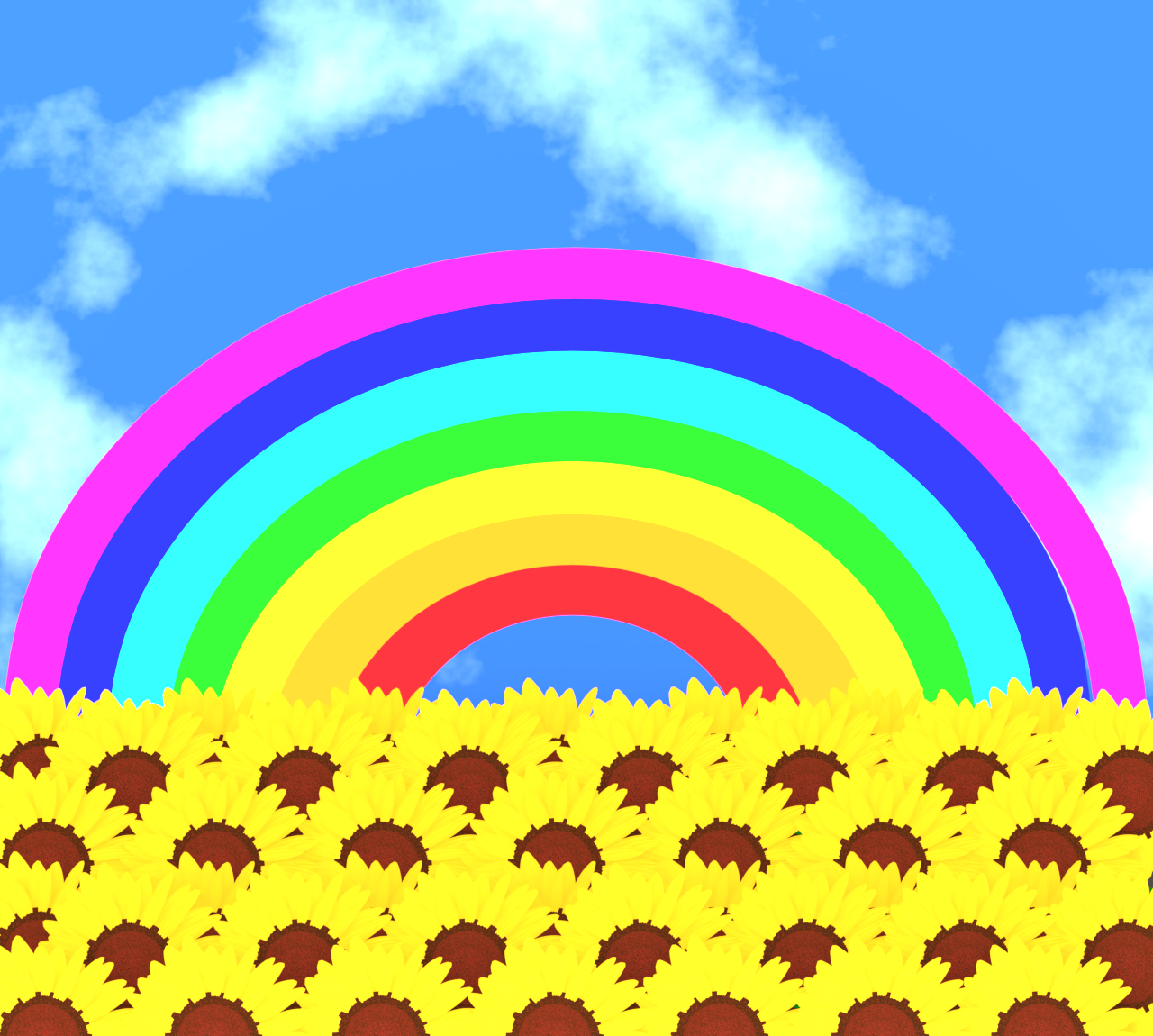 虹が架かるひまわり畑のイラスト