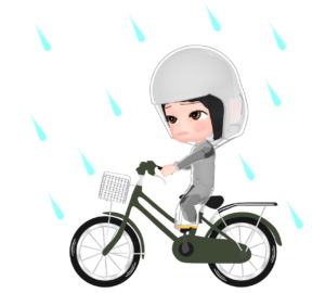 雨合羽で自転車に乗る女性のイラスト