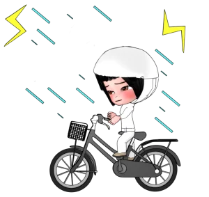 雨合羽で自転車に乗る女性のイラスト