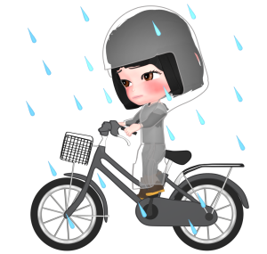 雨合羽で自転車に乗る女性のイラスト