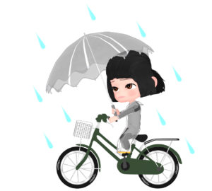 レインコートを着て自転車に乗る女性のイラスト