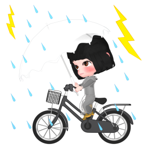 レインコートを着て自転車に乗る女性のイラスト
