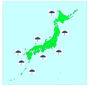 日本全国、雨の天気のイラスト