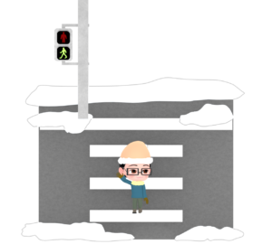 手を上げて冬の横断歩道を渡る子供のイラスト