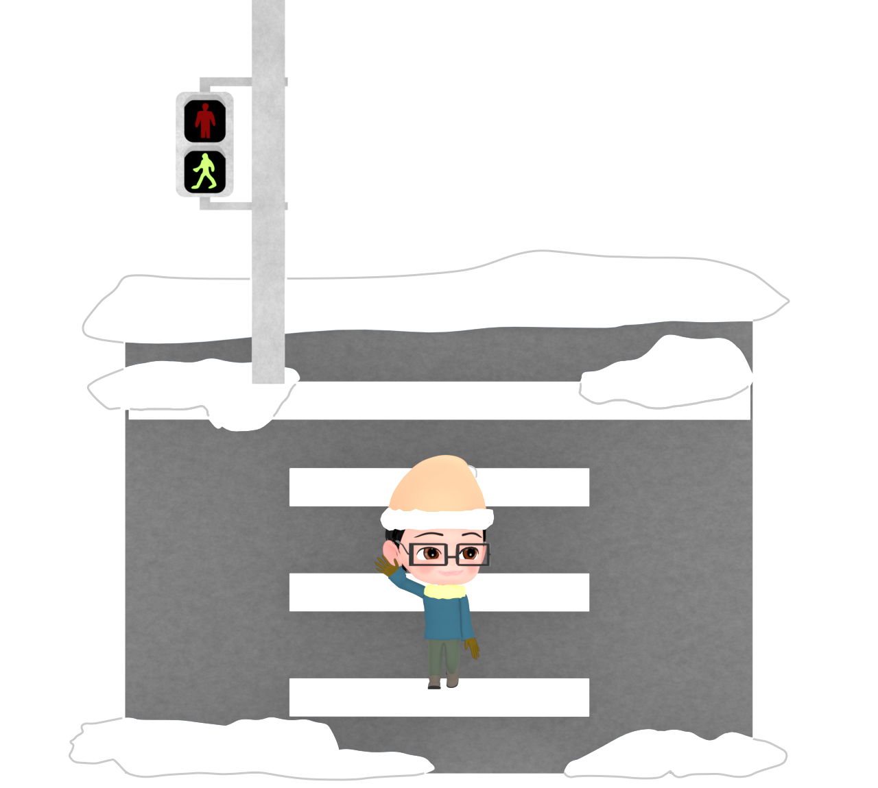 手を上げて冬の横断歩道を渡る子供のイラスト