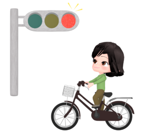 赤信号で止まる自転車の女性のイラスト