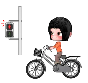 赤信号で止まる自転車の女性のイラスト