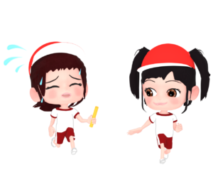 リレーでバトンを渡す赤組の小学生のイラスト