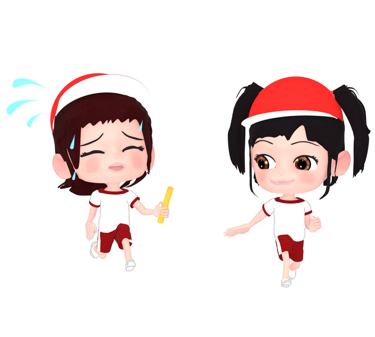 リレーでバトンを渡す赤組の小学生のイラスト