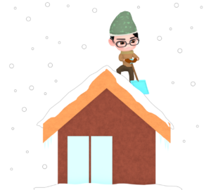 家に積もる雪下ろしをする人のイラスト