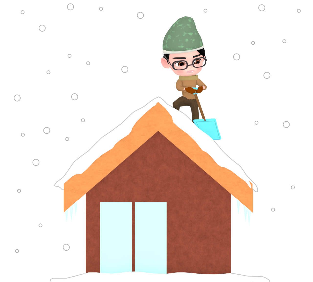家に積もる雪下ろしをする人のイラスト