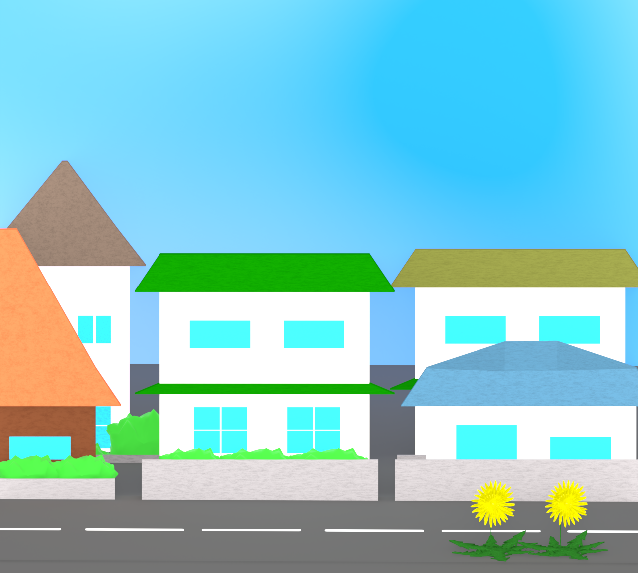 住宅街に咲くたんぽぽのイラスト