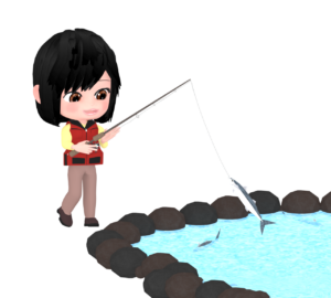 川釣りをする女性のイラスト