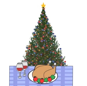 ローストチキンでクリスマスを祝うイラスト