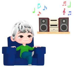 部屋で音楽鑑賞をする男性のイラスト