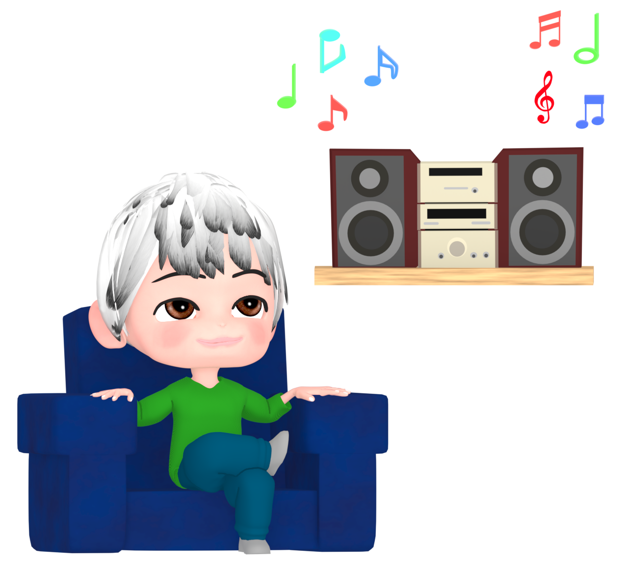 部屋で音楽鑑賞をする男性のイラスト