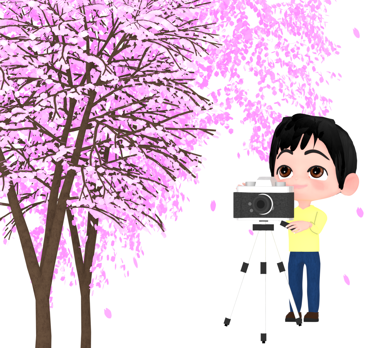桜をカメラで撮影する男性のイラスト