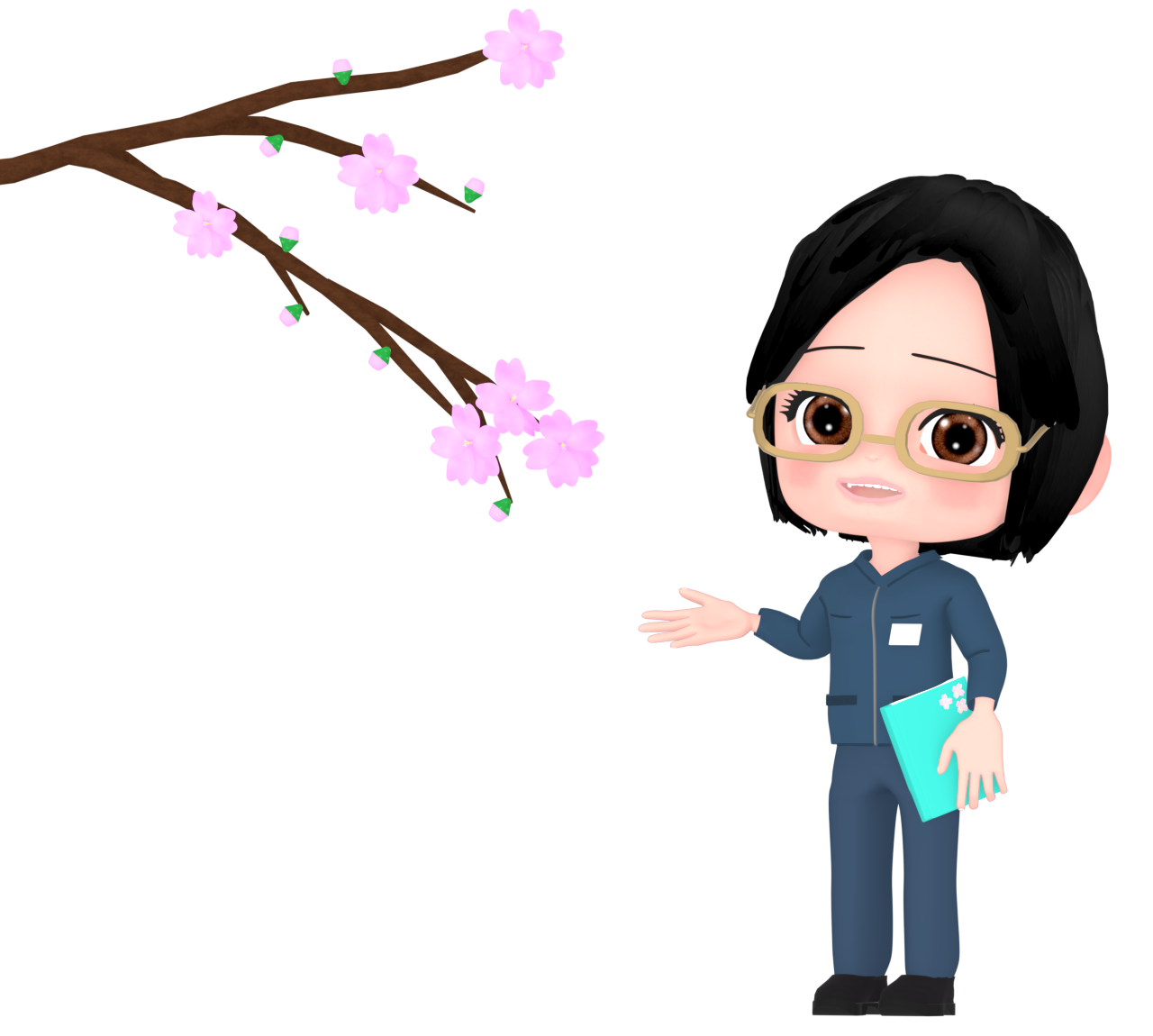 桜の開花を説明する女性調査員のイラスト