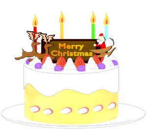 サンタとトナカイとクリスマスケーキのイラスト