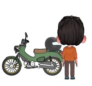 景色を眺める男性とバイクのイラスト