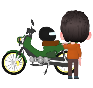 景色を眺める男性とバイクのイラスト