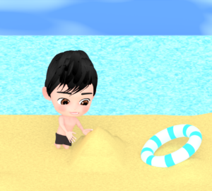 海で砂遊びをする男の子のイラスト