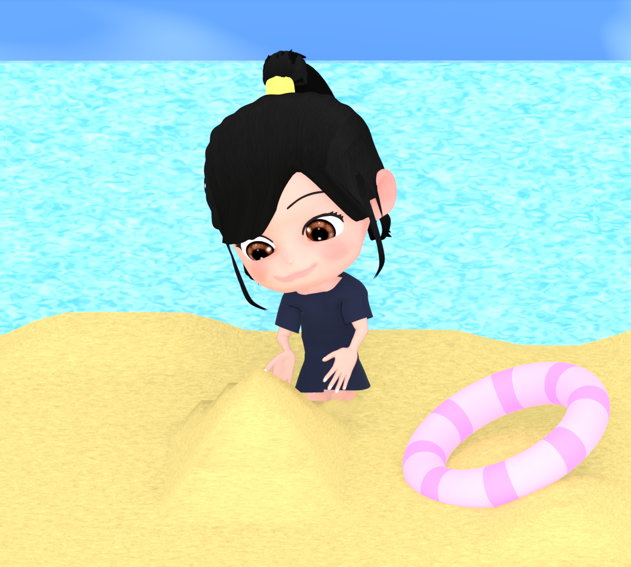 海で砂遊びをする子供のイラスト