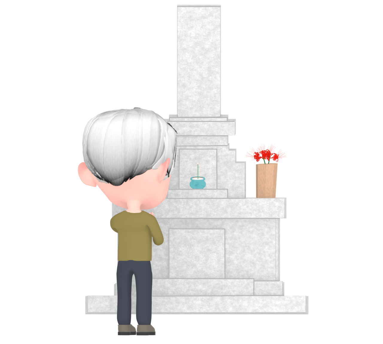 お墓で拝むシニアのイラスト