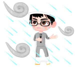 真剣に台風中継をするリポーターのイラスト