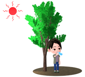 木陰で水分補給をする人のイラスト