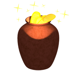 壷の中で光る小判のイラスト