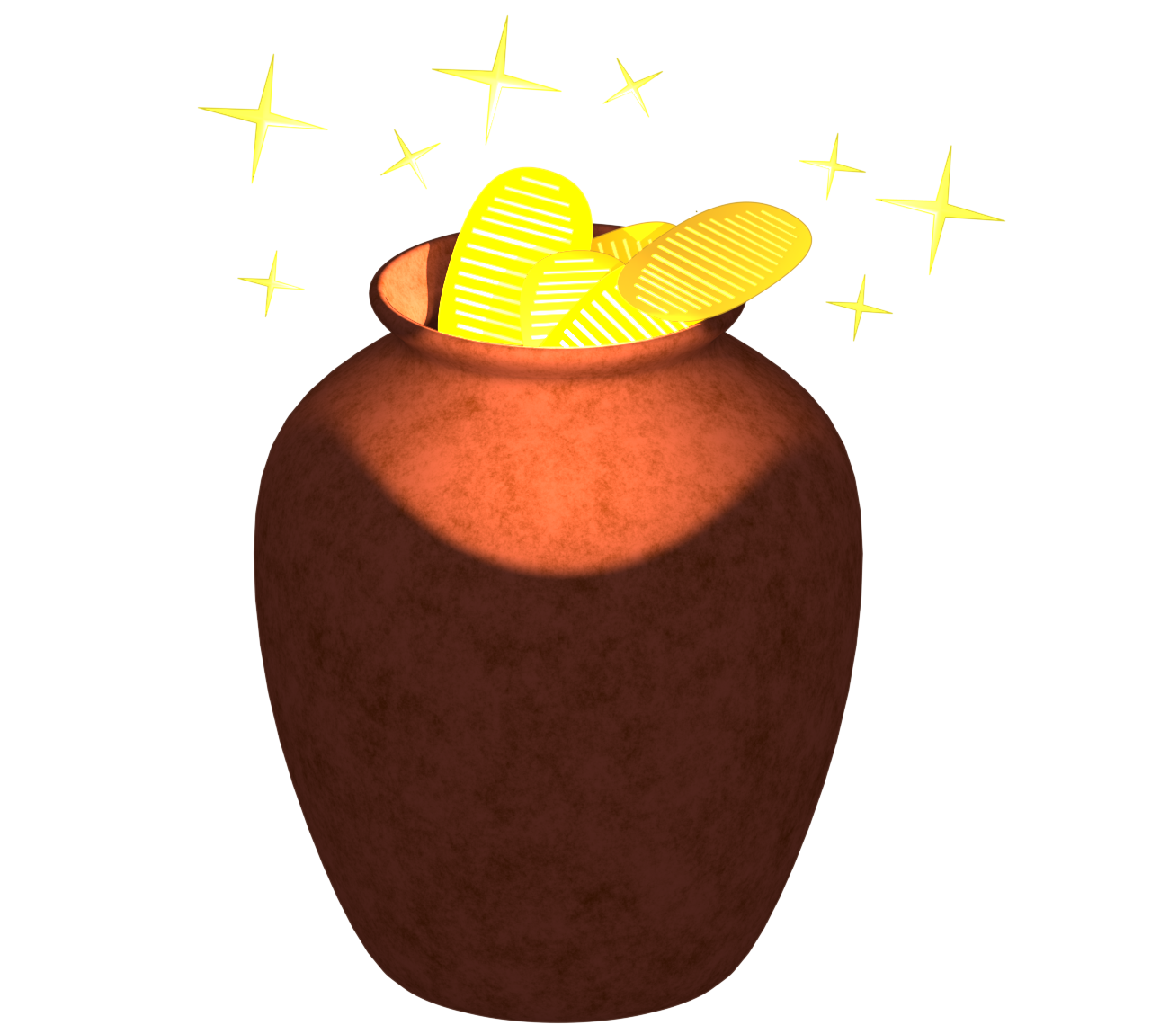 壷の中で光る小判のイラスト