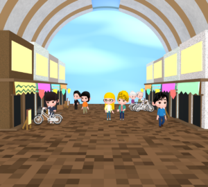 買い物客と商店街アーケードのイラスト